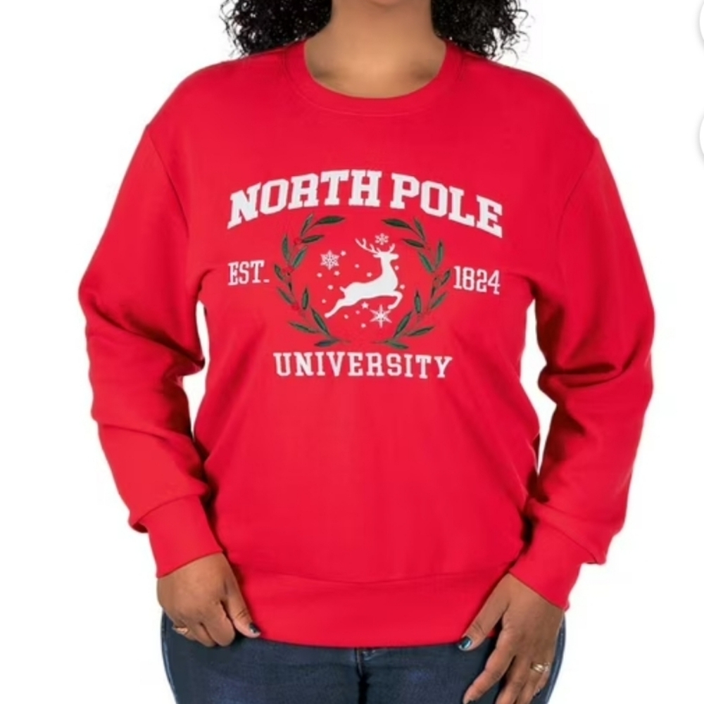 State Of Mine Red North Pole University Crew Neck Sweatshirt Plus Size XXL